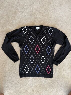 Cracked Wheat V-Neck Argyle Sweater with Pink & Blue Accents